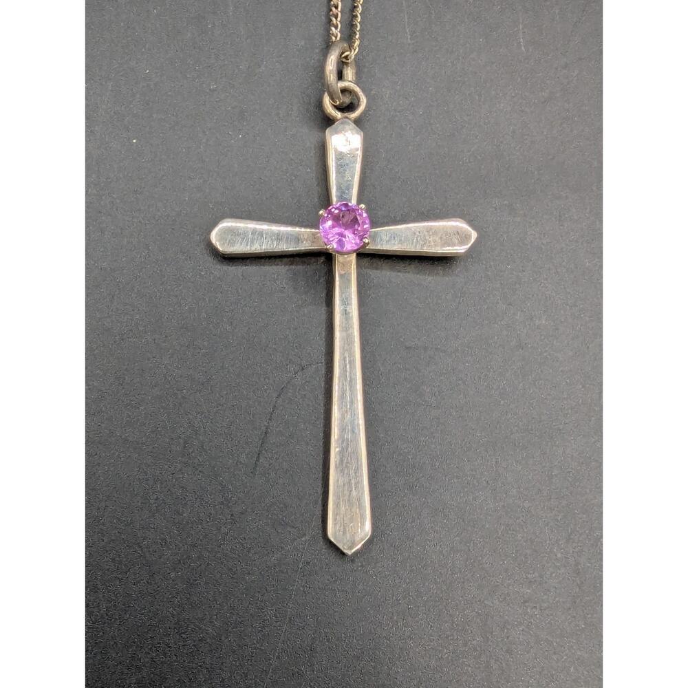 Sterling Silver Cross Brooch with Purple Stone Accent